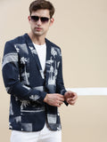 Men's Navy Blue Printed Notched Lapel Tuxedo Blazer