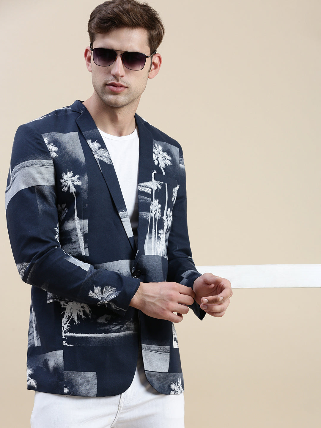 Men's Navy Blue Printed Notched Lapel Tuxedo Blazer