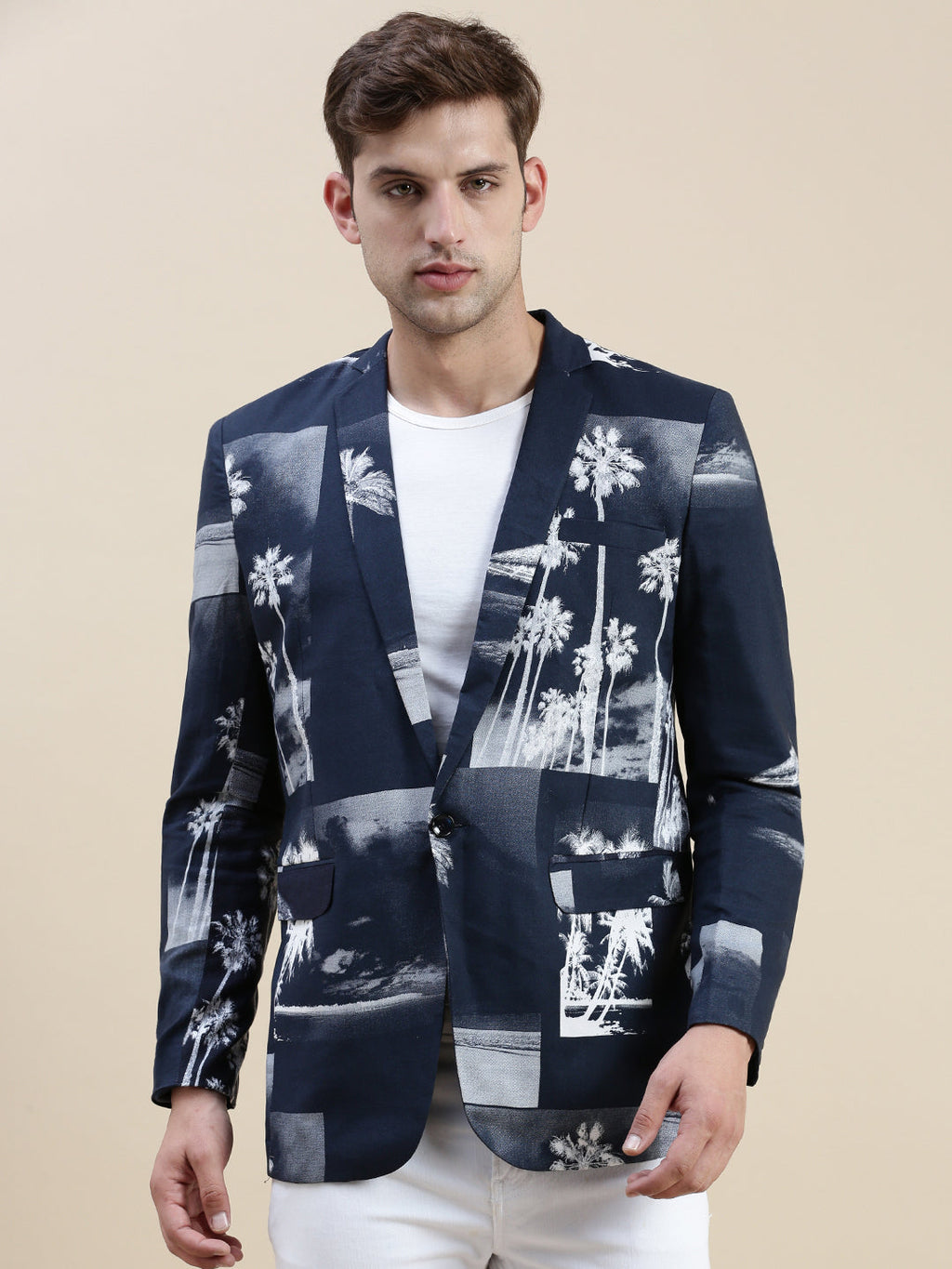 Men's Navy Blue Printed Notched Lapel Tuxedo Blazer