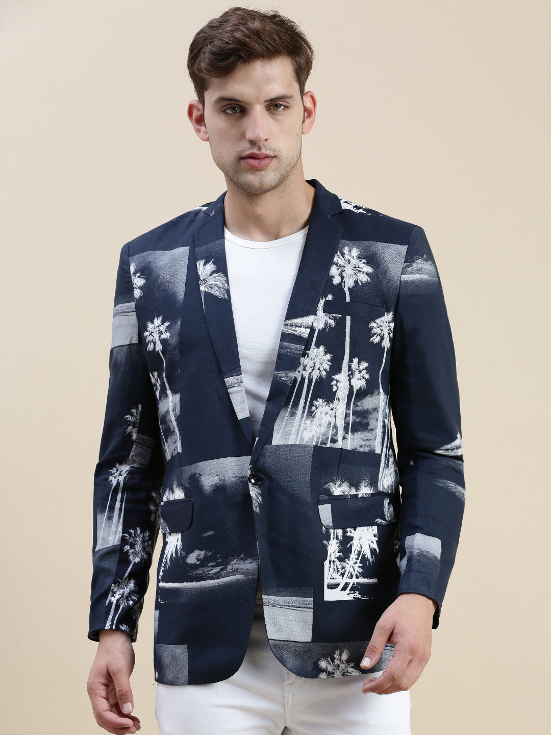 Men's Navy Blue Printed Notched Lapel Tuxedo Blazer
