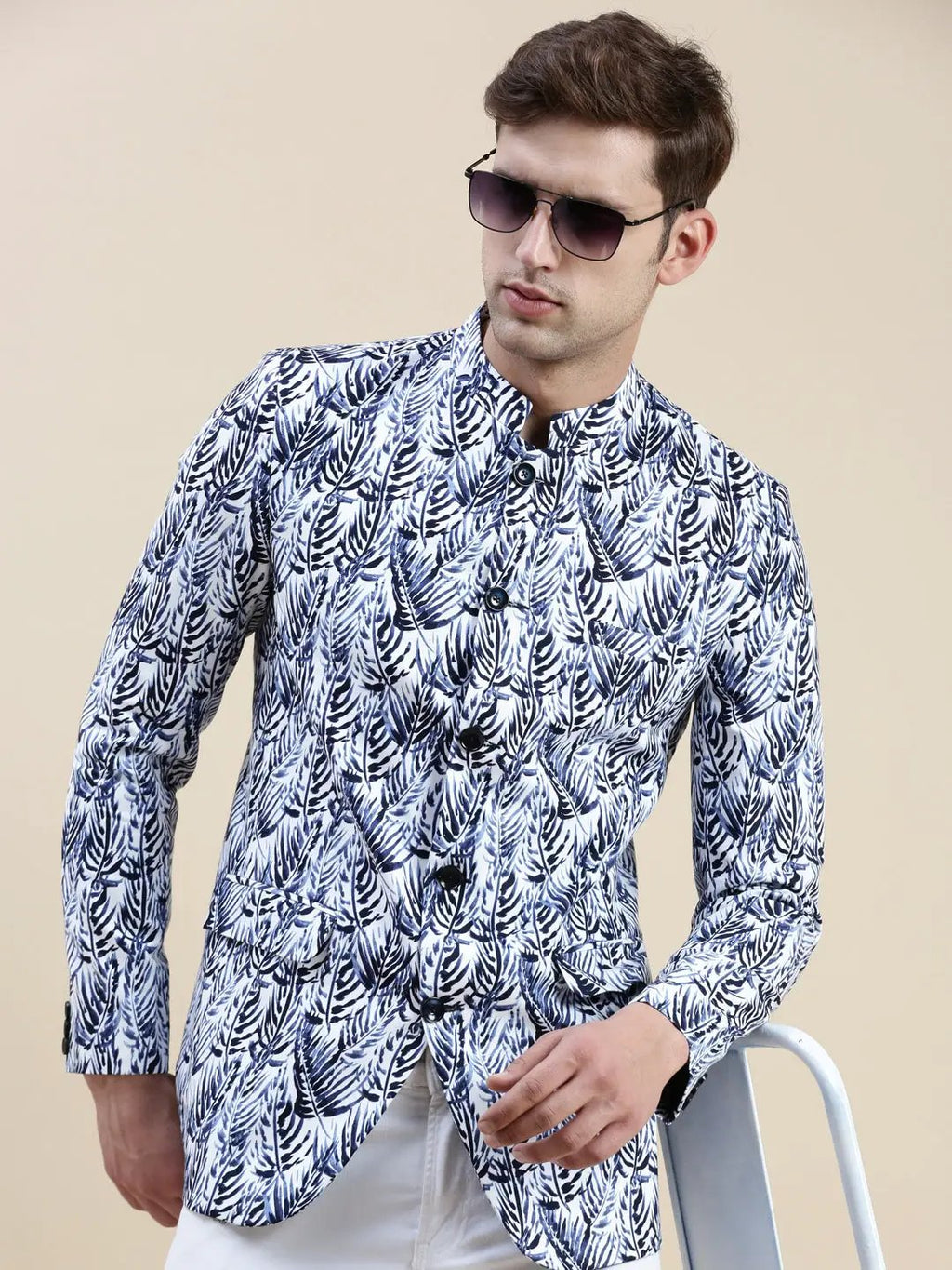Men's White Printed Cotton Bandhgala Blazer