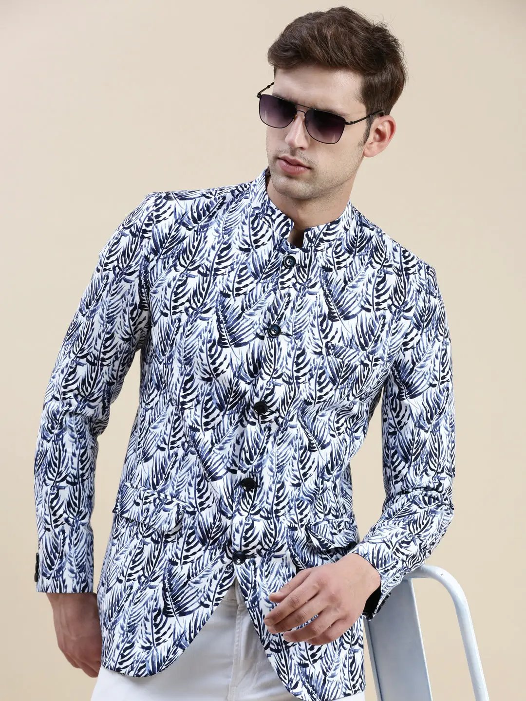 Men's White Printed Cotton Bandhgala Blazer