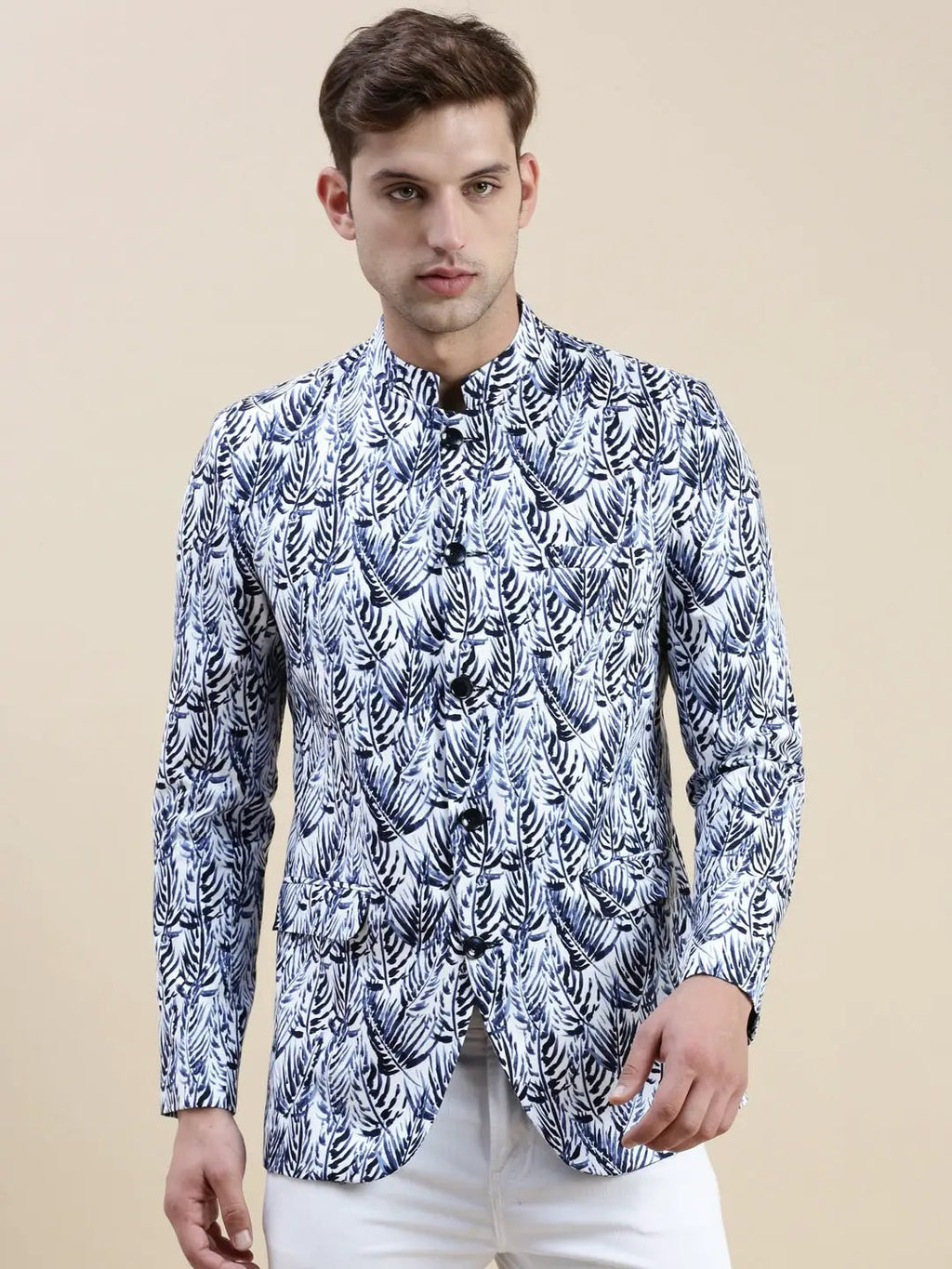 Men's White Printed Cotton Bandhgala Blazer