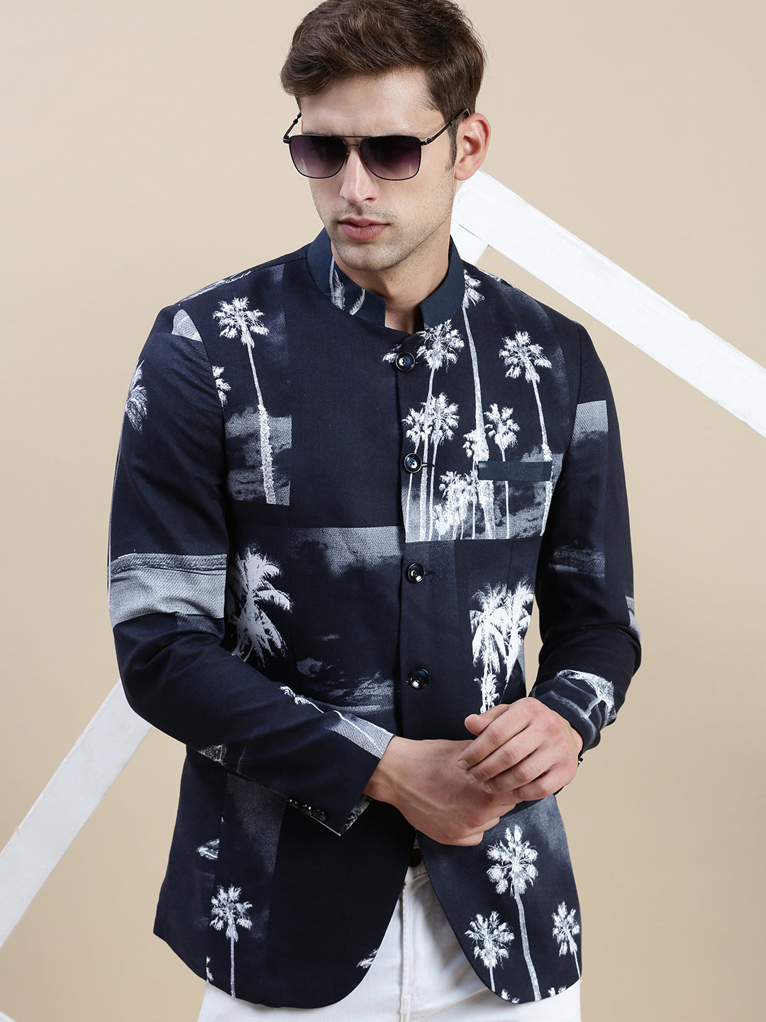 Men's Navy Blue Printed Bandhgala Cotton Casual Blazer
