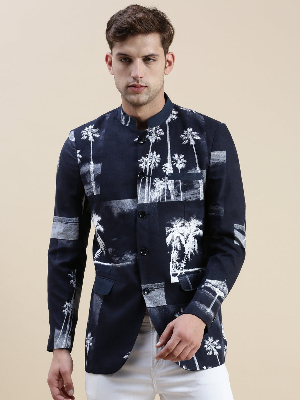 Men's Navy Blue Printed Bandhgala Cotton Casual Blazer