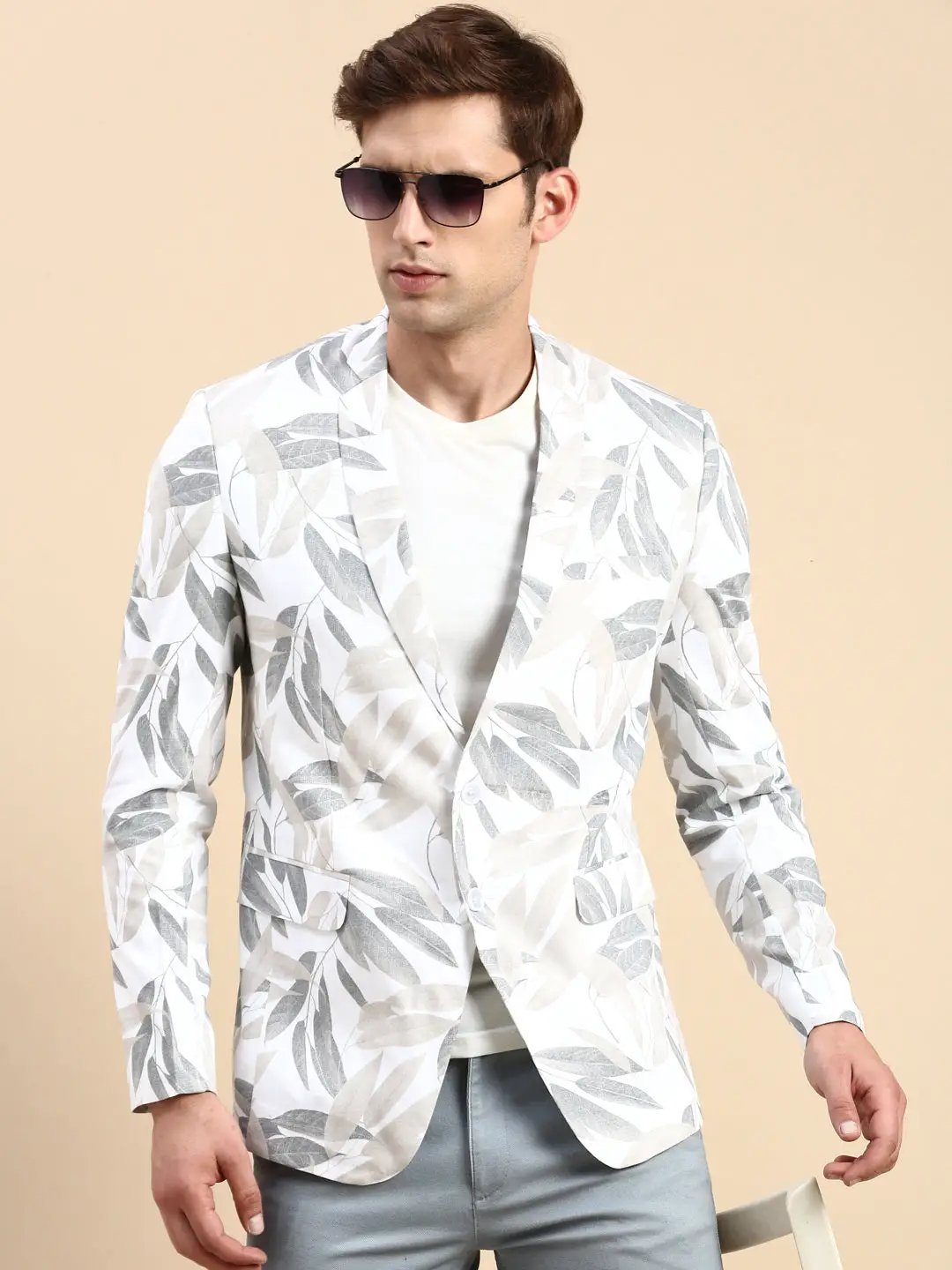 Men's Off White Printed Slim-Fit Single Breasted Blazer