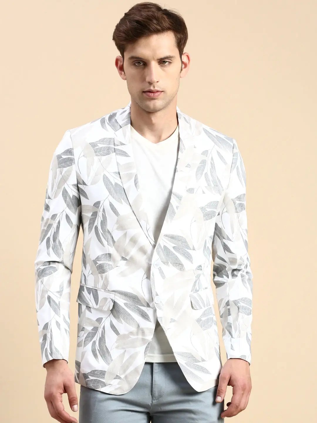Men's Off White Printed Slim-Fit Single Breasted Blazer