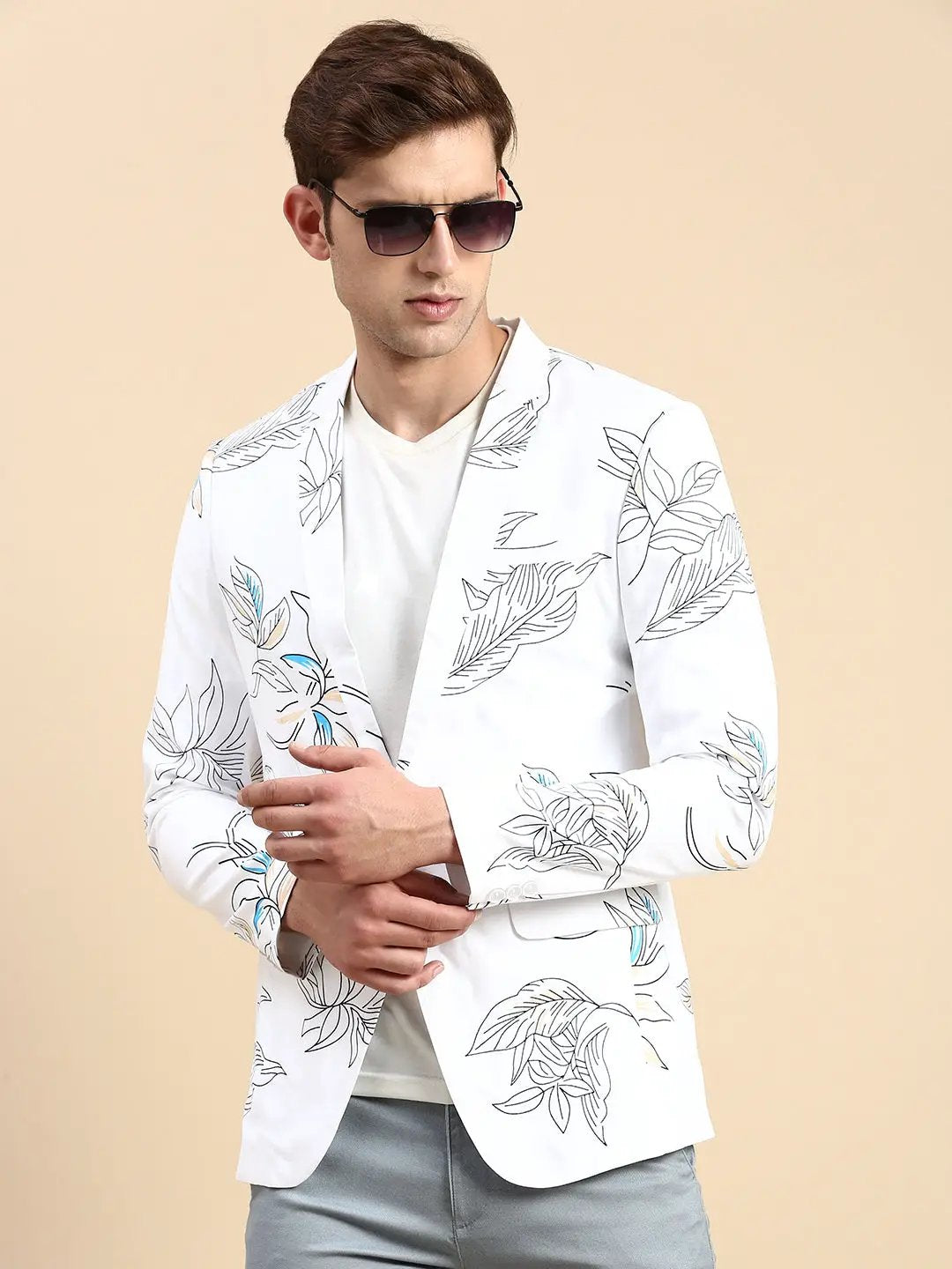 Men's White Printed Slim-Fit Single Breasted Blazer