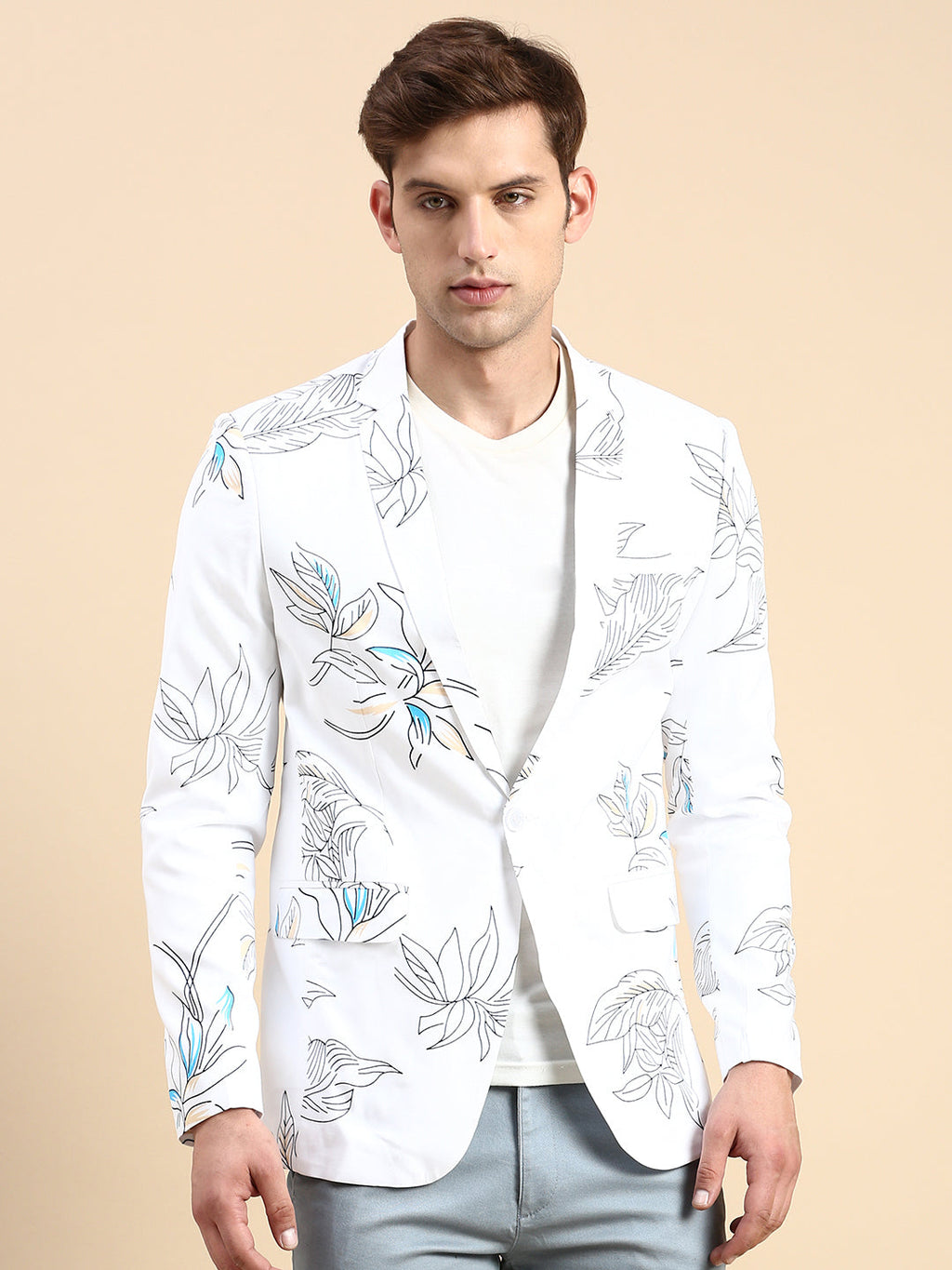 Men's White Printed Slim-Fit Single Breasted Blazer