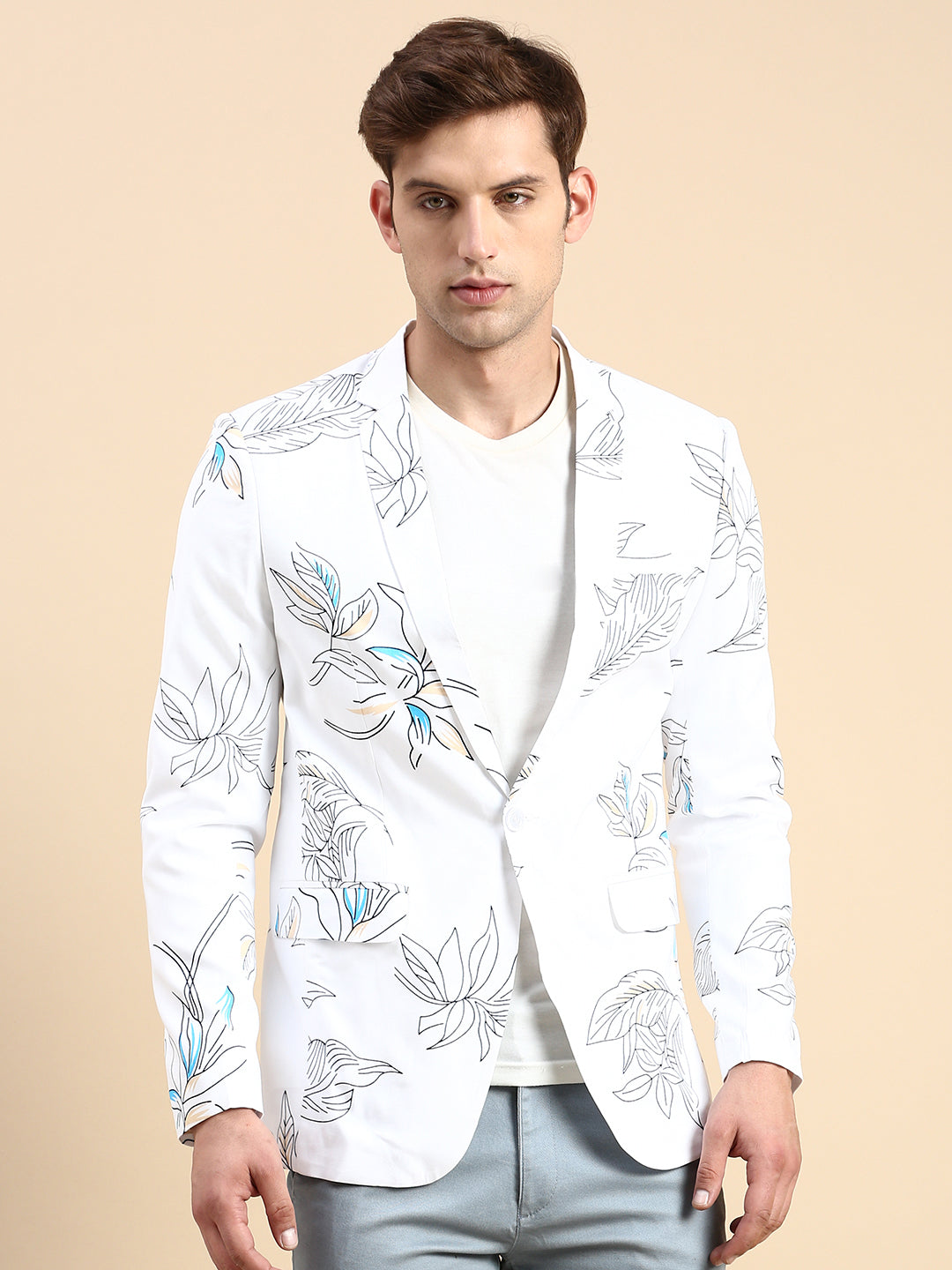 Men's White Printed Slim-Fit Single Breasted Blazer
