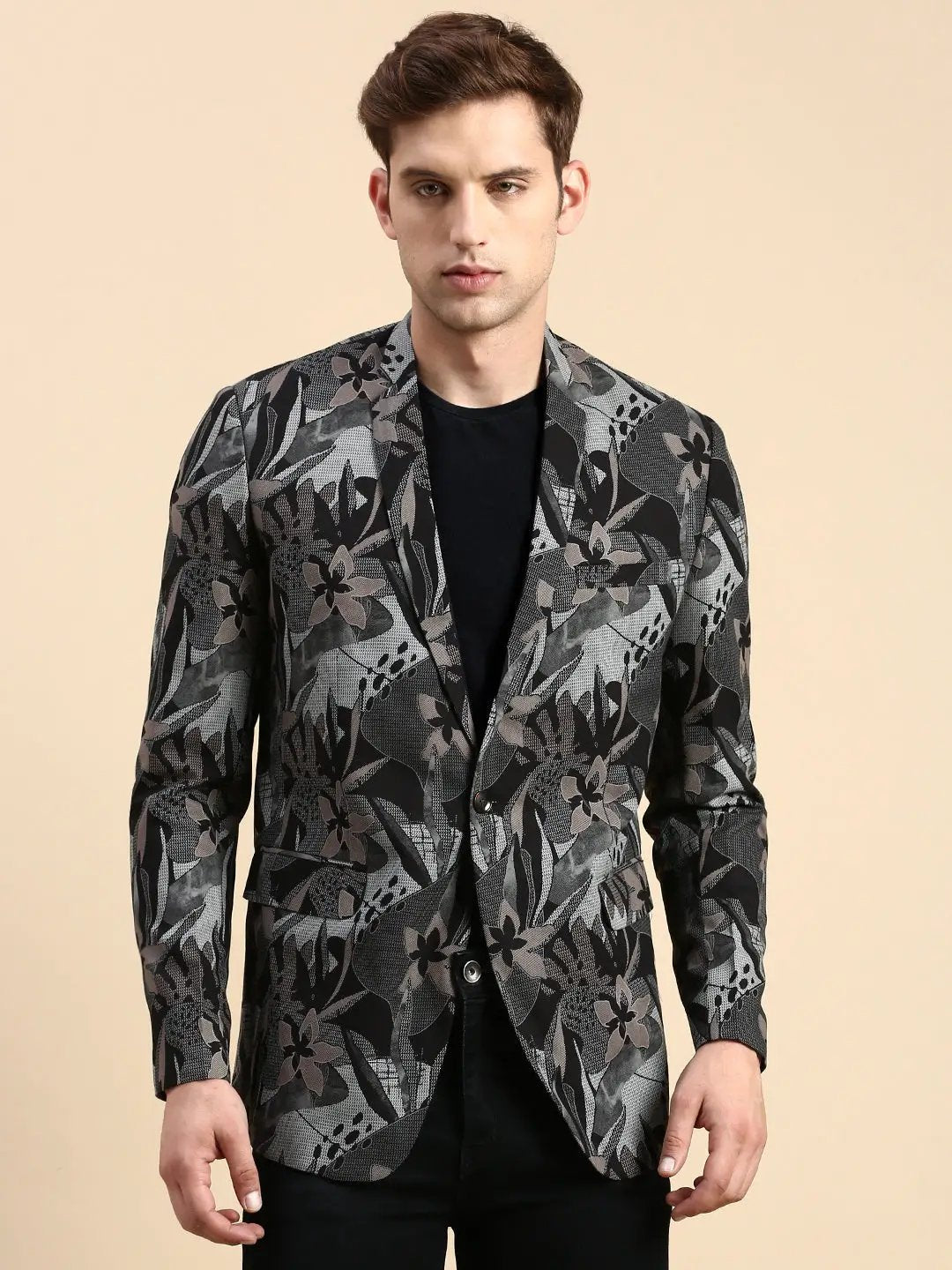 Men's Black Printed Slim-Fit Single Breasted Blazer