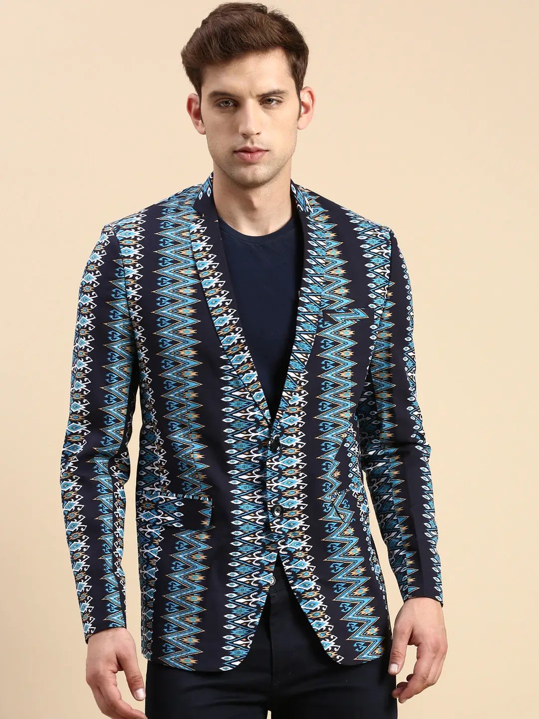 Men's Navy Blue Printed Slim-Fit Single Breasted Blazer