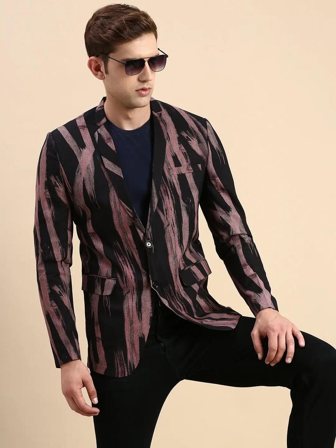 Men's Black Printed Slim-Fit Single Breasted Blazer