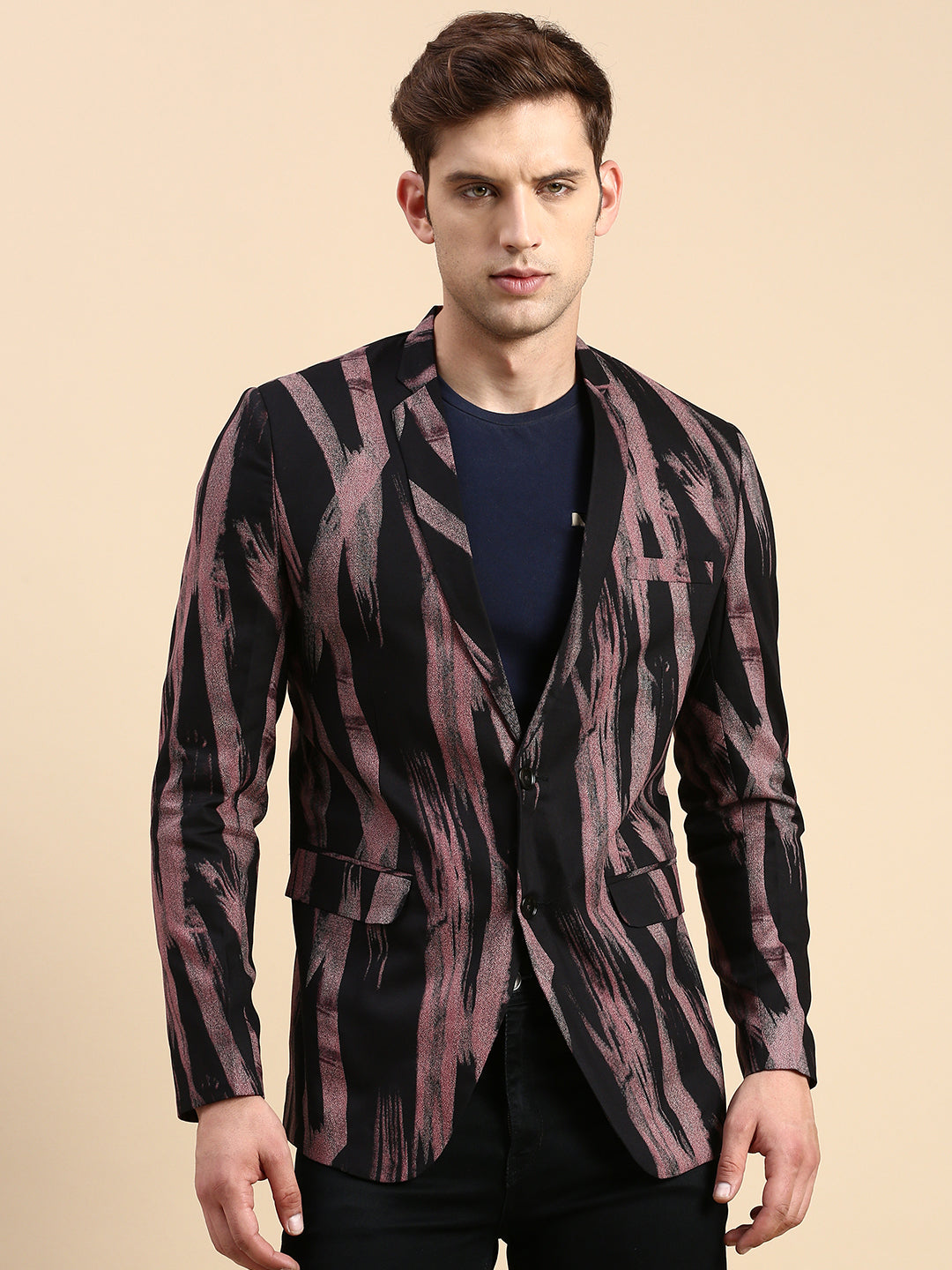 Men's Black Printed Slim-Fit Single Breasted Blazer