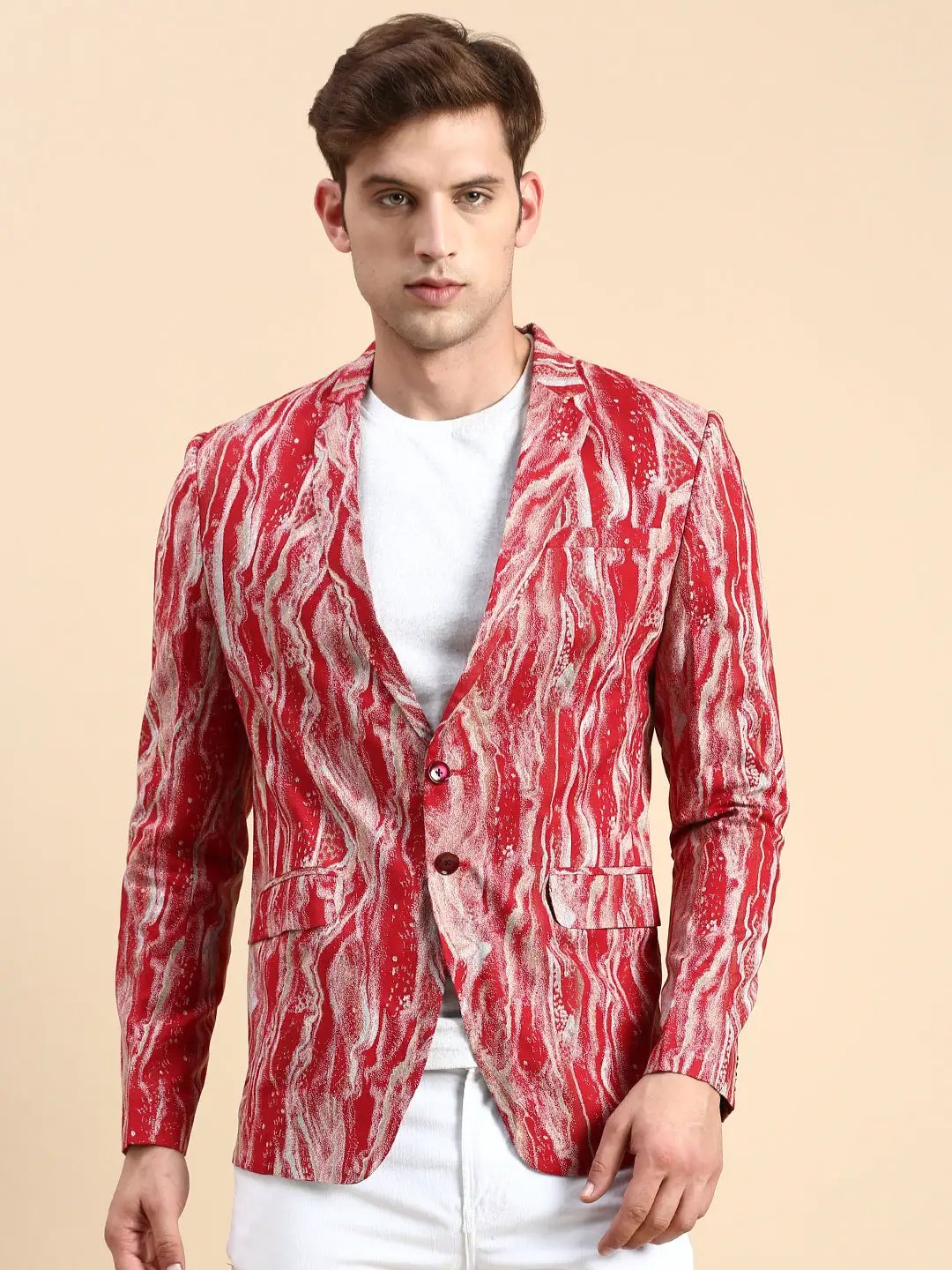 Men's Maroon Printed Slim-Fit Single Breasted Blazer
