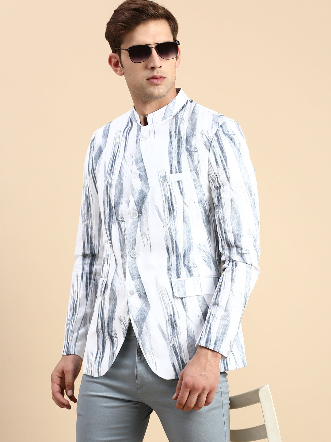 Men's White Printed Slim Fit Mandarin Collar Bandhgala Blazer