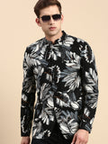 Men's Black Printed Slim Fit Mandarin Collar Bandhgala Blazer