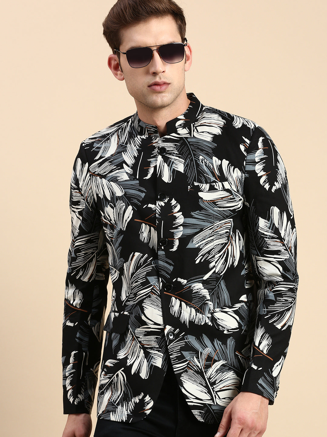 Men's Black Printed Slim Fit Mandarin Collar Bandhgala Blazer