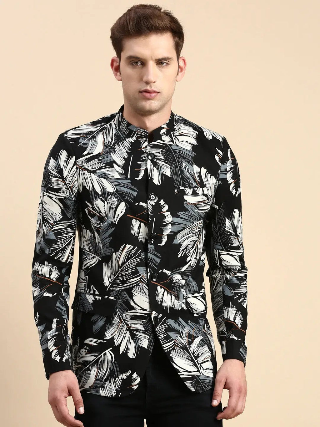Men's Black Printed Slim Fit Mandarin Collar Bandhgala Blazer