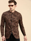 Men's Brown Printed Slim Fit Mandarin Collar Bandhgala Blazer