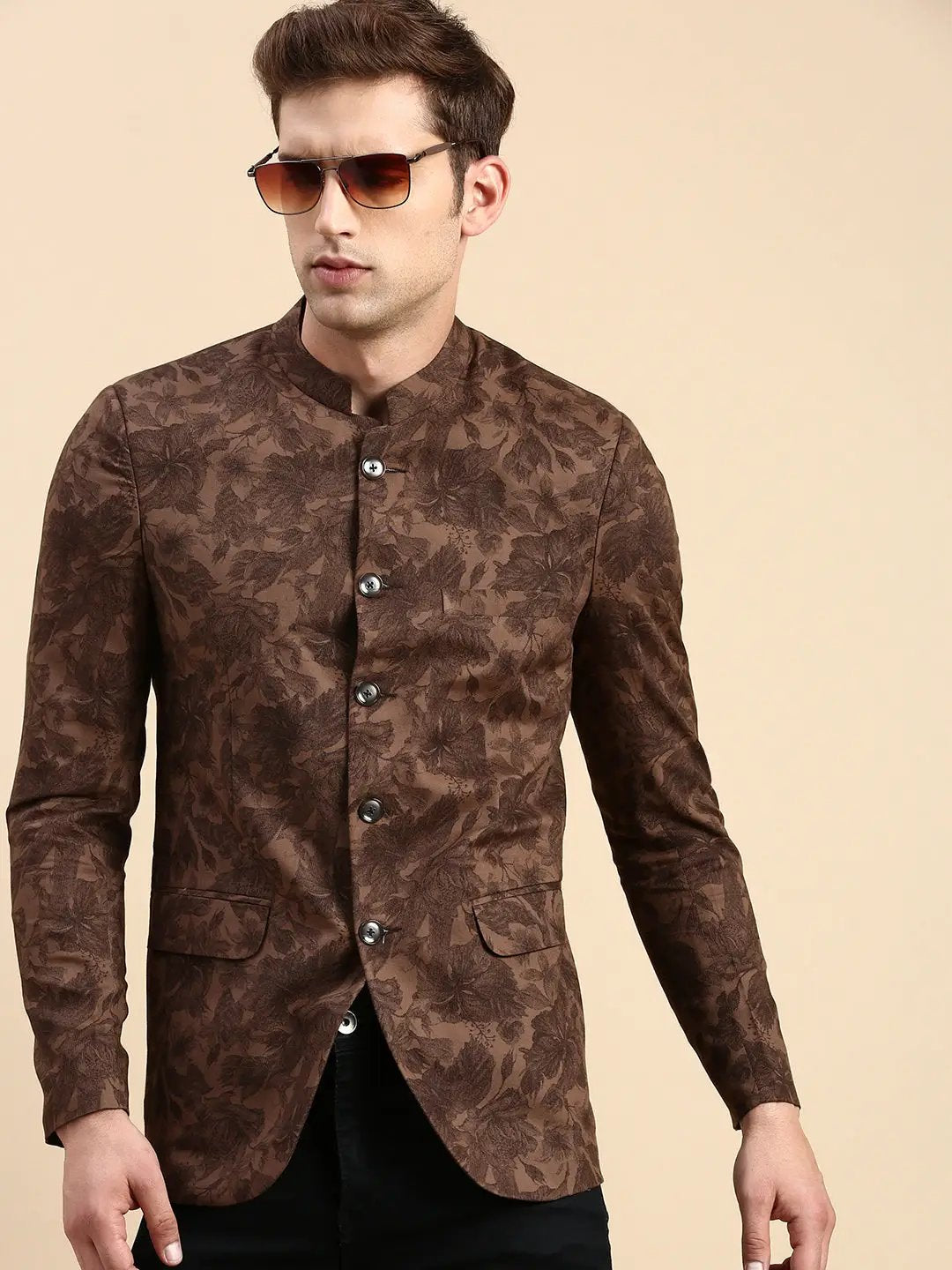 Men's Brown Printed Slim Fit Mandarin Collar Bandhgala Blazer