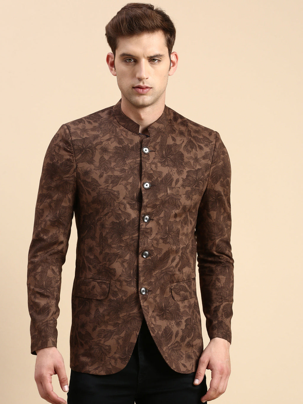 Men's Brown Printed Slim Fit Mandarin Collar Bandhgala Blazer