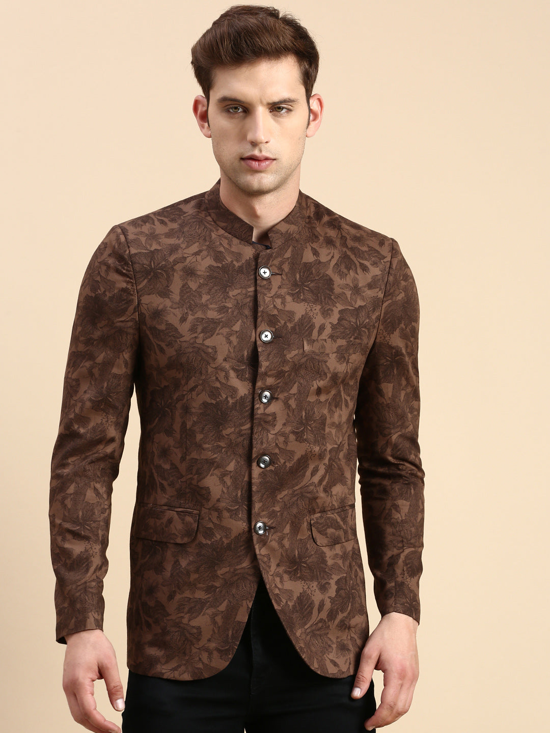 Men's Brown Printed Slim Fit Mandarin Collar Bandhgala Blazer