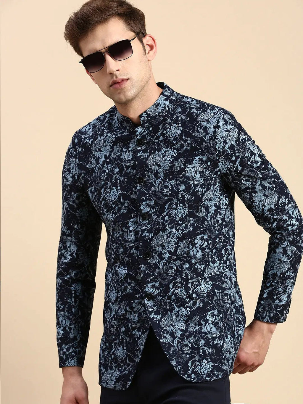 Men's Navy Blue Printed Slim Fit Mandarin Collar Bandhgala Blazer