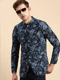 Men's Navy Blue Printed Slim Fit Mandarin Collar Bandhgala Blazer