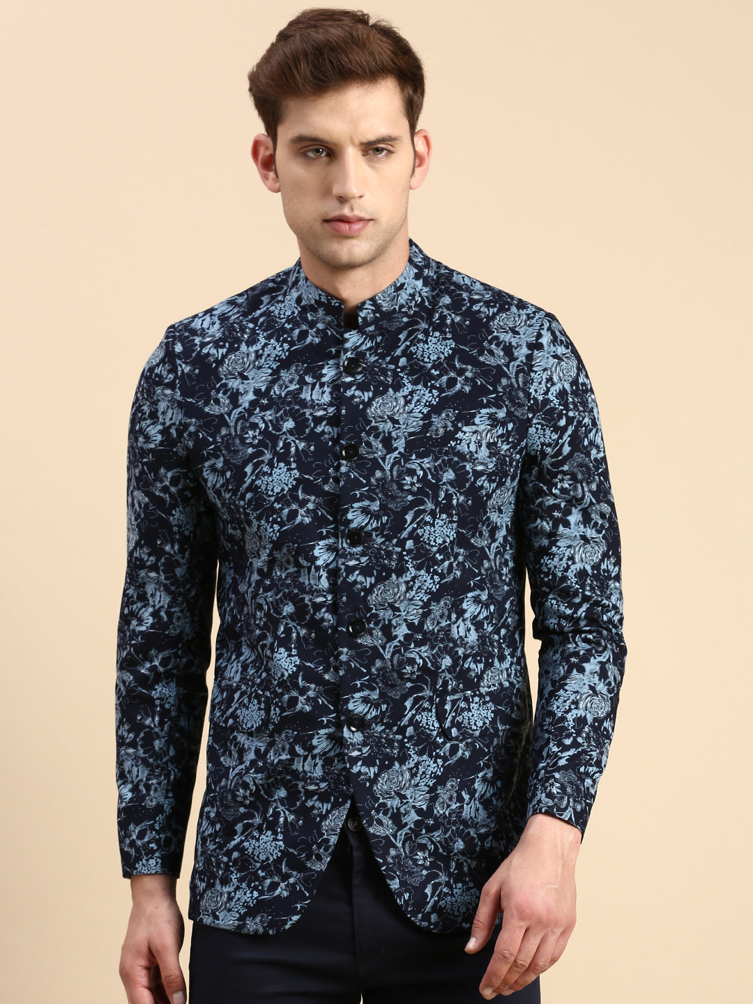 Men's Navy Blue Printed Slim Fit Mandarin Collar Bandhgala Blazer