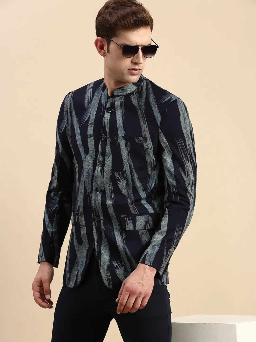 Men's Navy Blue Printed Slim Fit Bandhgala Blazer