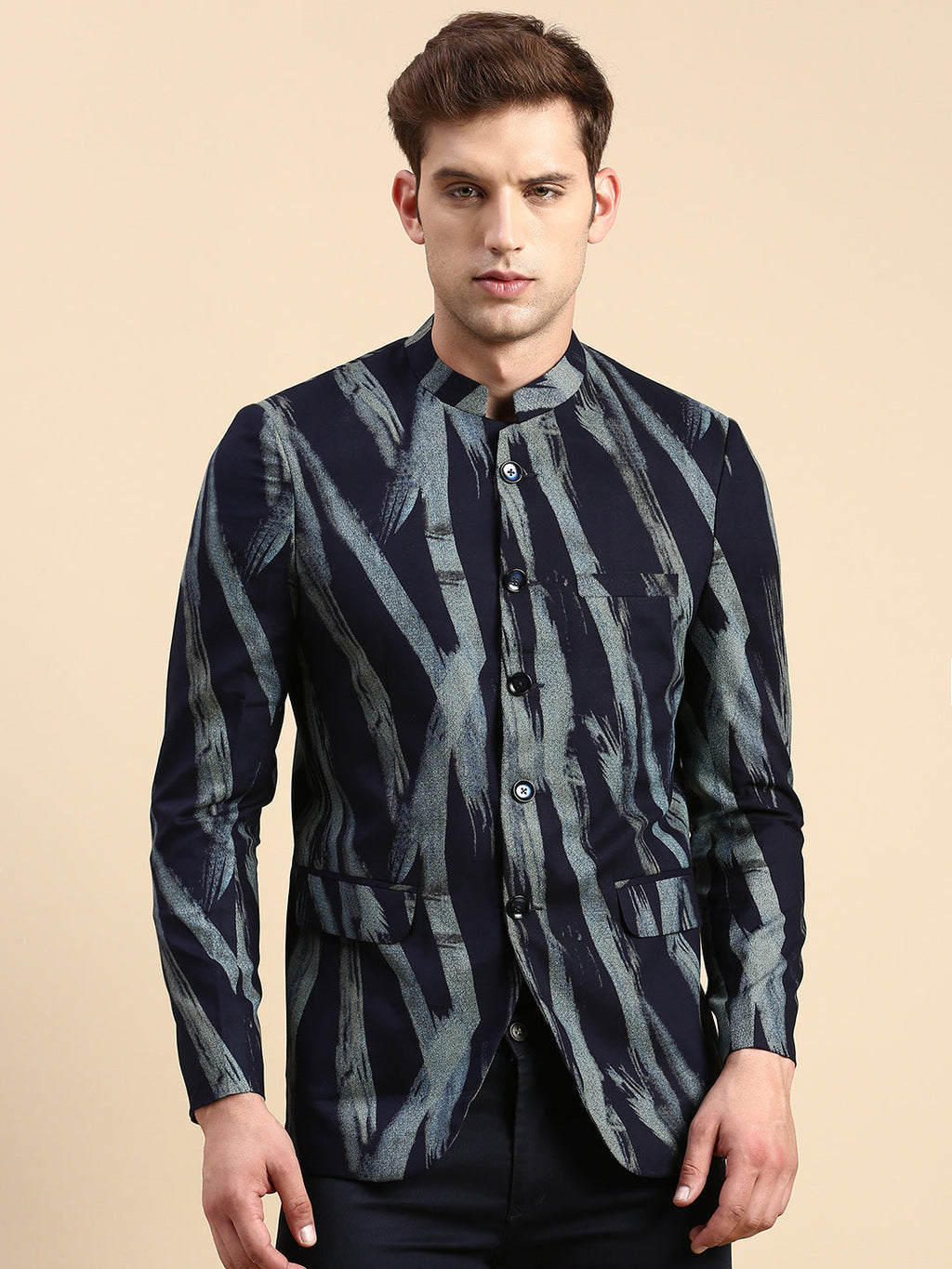 Men's Navy Blue Printed Slim Fit Bandhgala Blazer