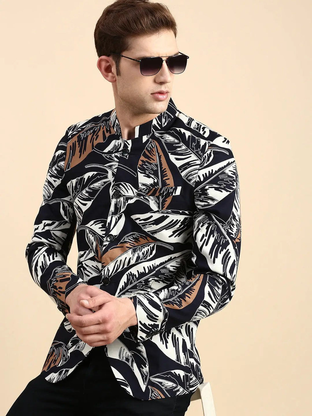 Men's Navy Blue Printed Slim Fit Bandhgala Blazer