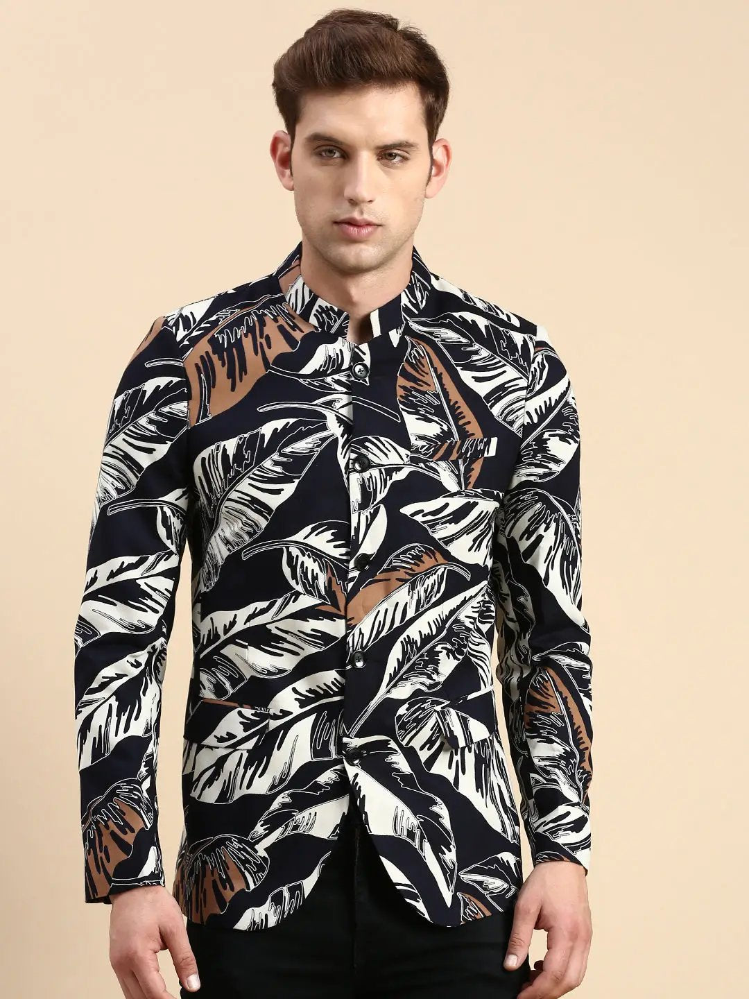 Men's Navy Blue Printed Slim Fit Bandhgala Blazer