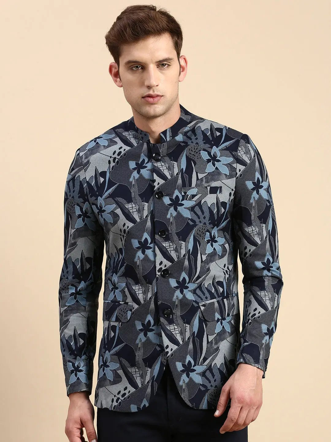 Men's Navy Blue Printed Slim-Fit Single Breasted Blazer