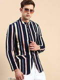 Men's Navy Blue Striped Slim Fit Bandhgala Blazer
