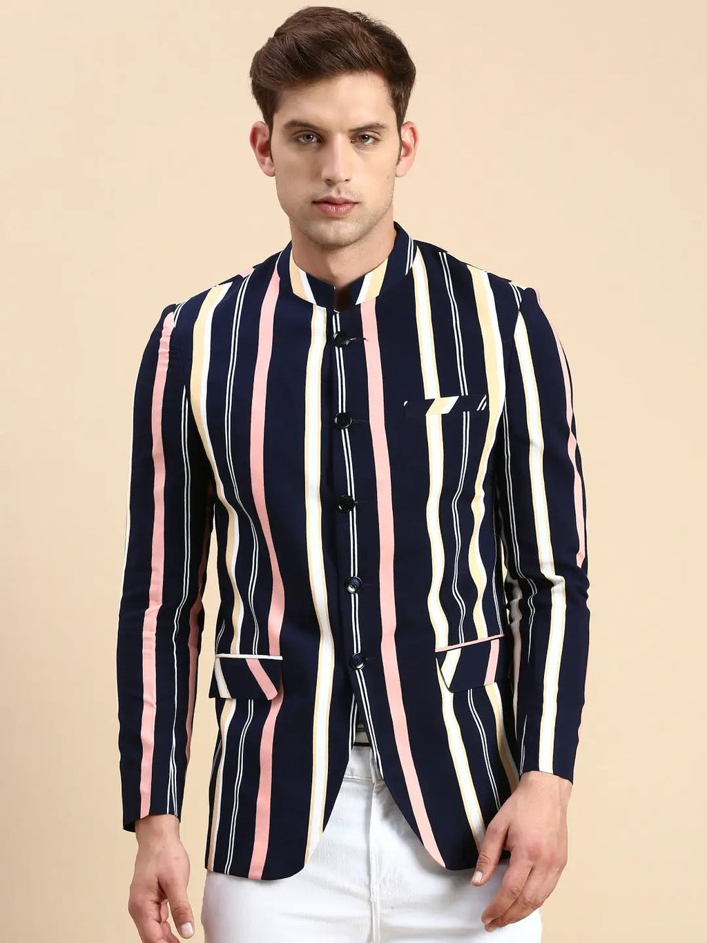 Men's Navy Blue Striped Slim Fit Bandhgala Blazer