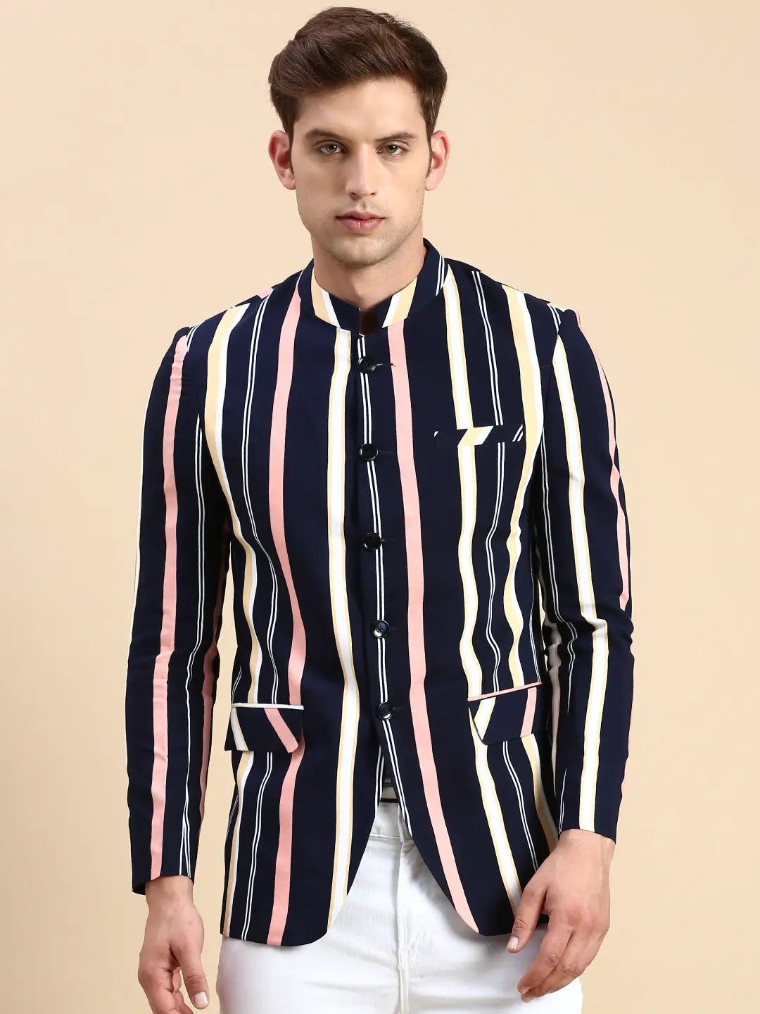 Men's Navy Blue Striped Slim Fit Bandhgala Blazer