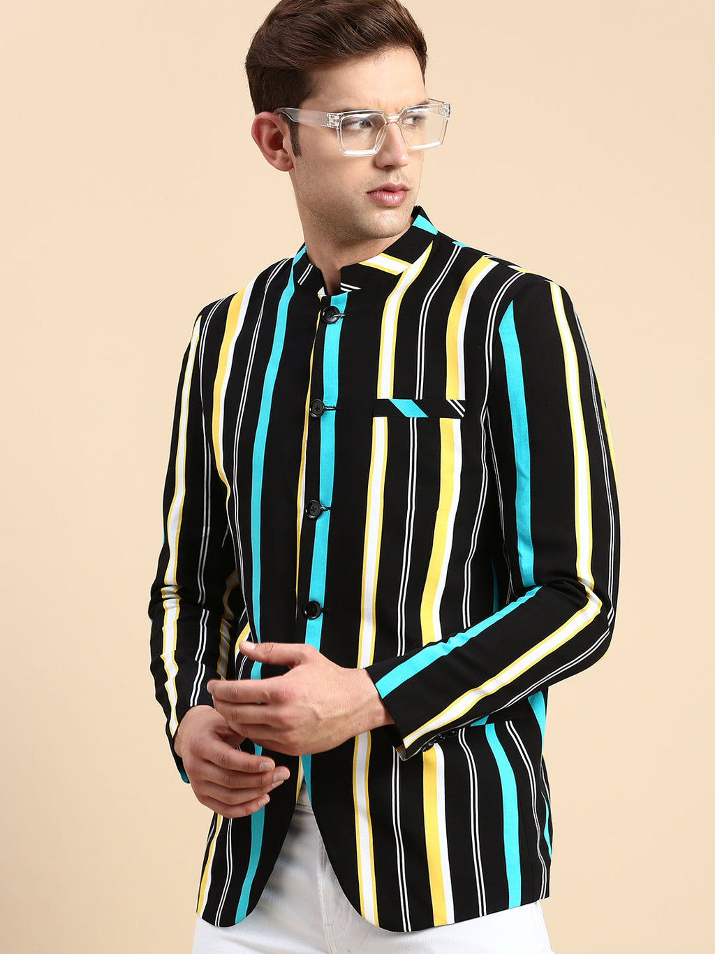 Men's Black Striped Slim Fit Bandhgala Blazer