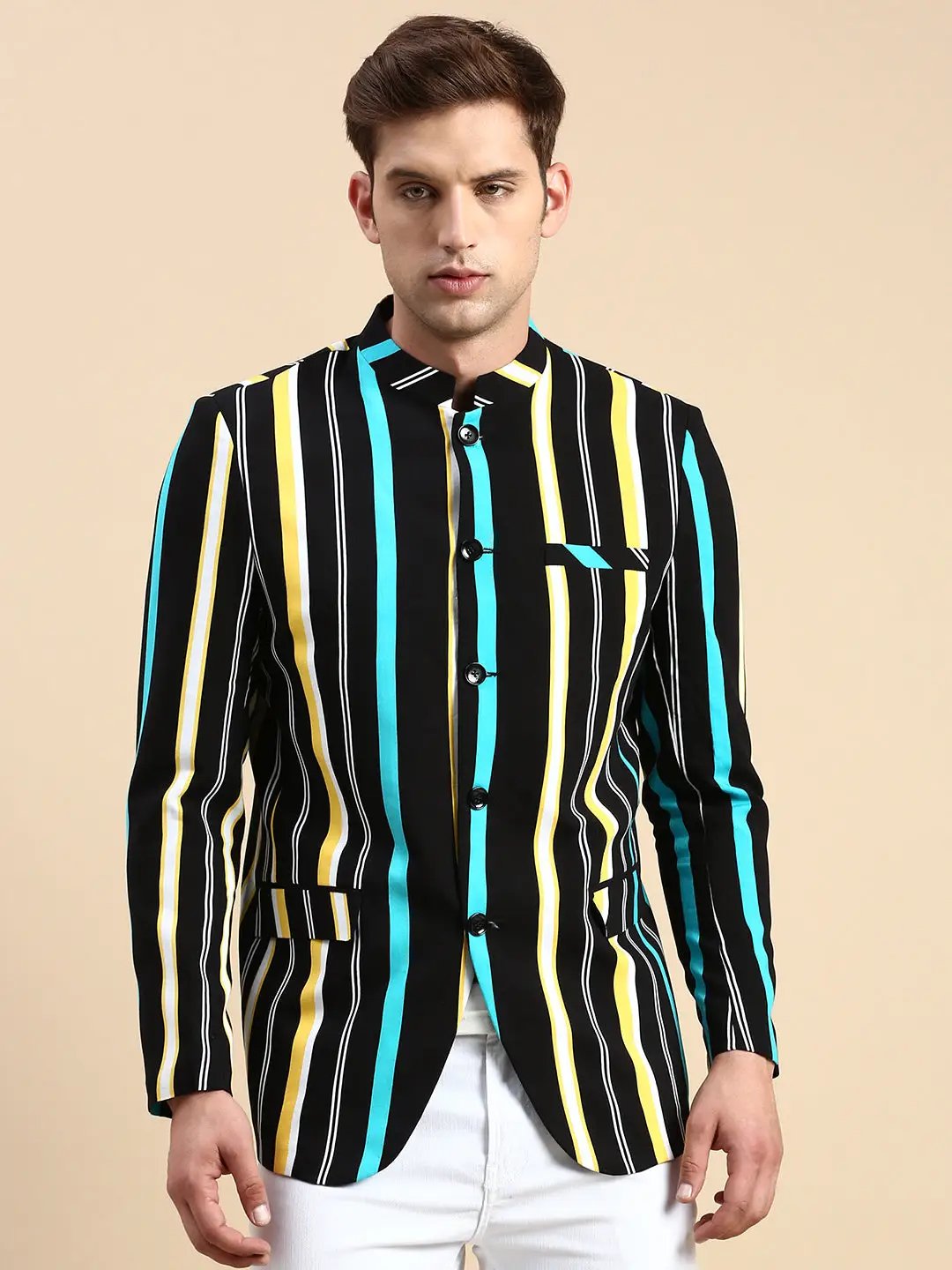 Men's Black Striped Slim Fit Bandhgala Blazer