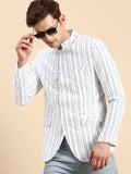 Men's White Striped Slim Fit Mandarin Collar Bandhgala Blazer