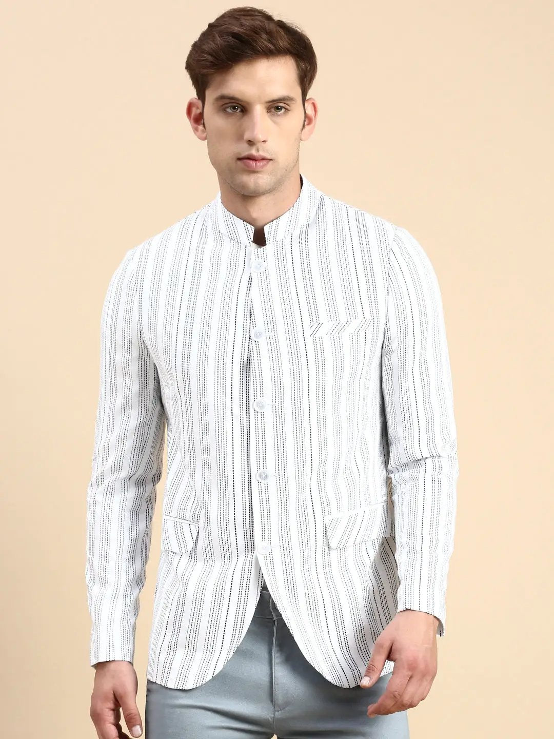 Men's White Striped Slim Fit Mandarin Collar Bandhgala Blazer