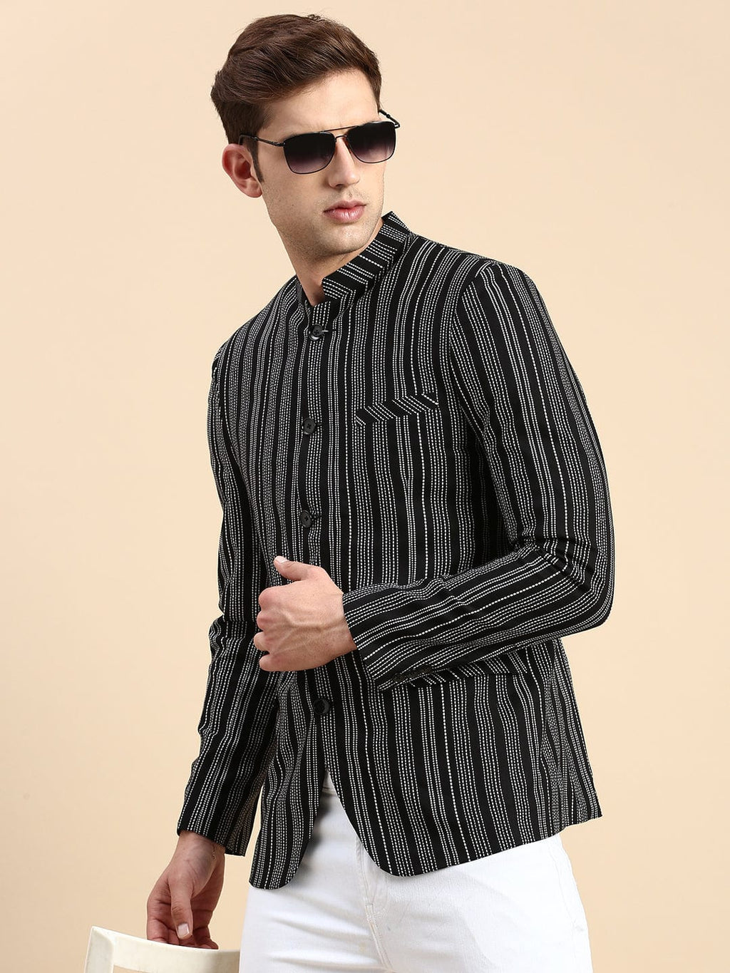 Men's Mandarin Collar Striped Black Blazer