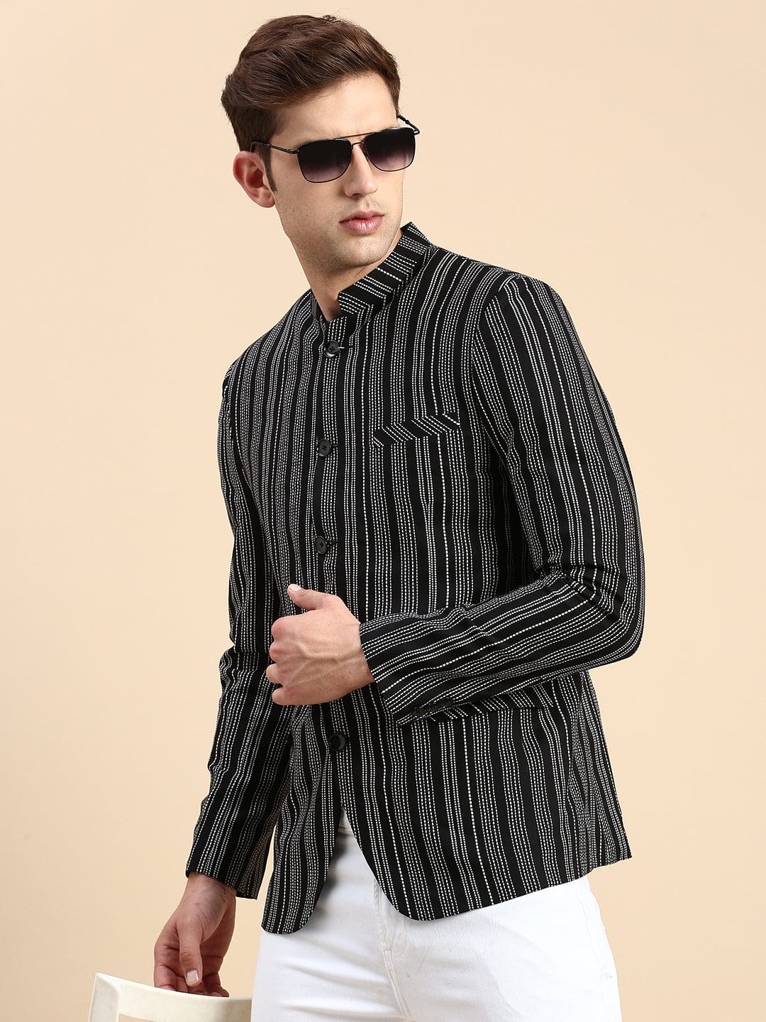Men's Mandarin Collar Striped Black Blazer