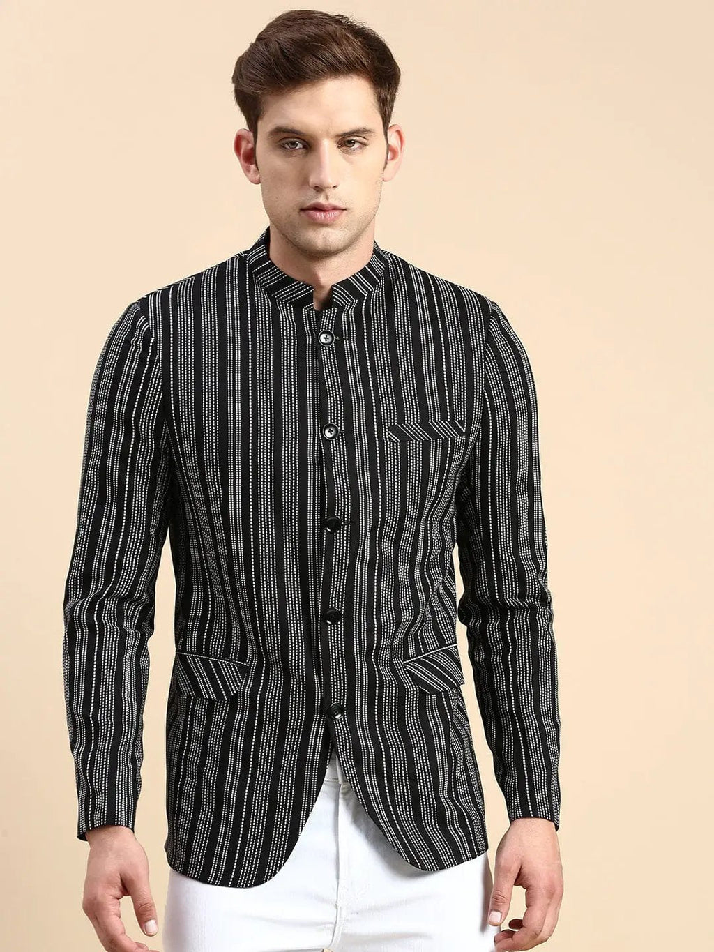 Men's Mandarin Collar Striped Black Blazer