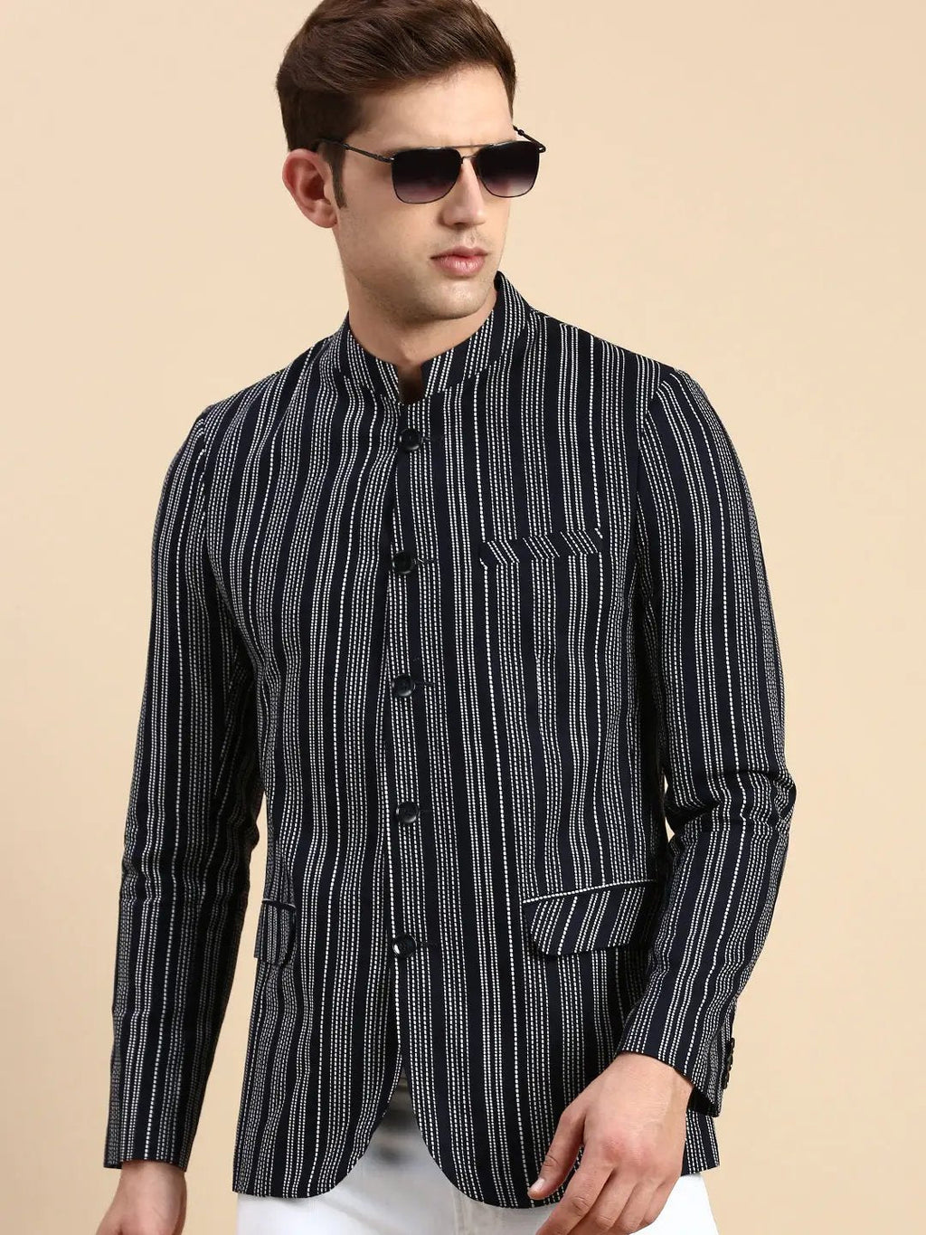 Men's Navy Blue Slim Fit Striped Mandarin Collar Bandhgala Blazer