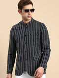 Men's Navy Blue Slim Fit Striped Mandarin Collar Bandhgala Blazer