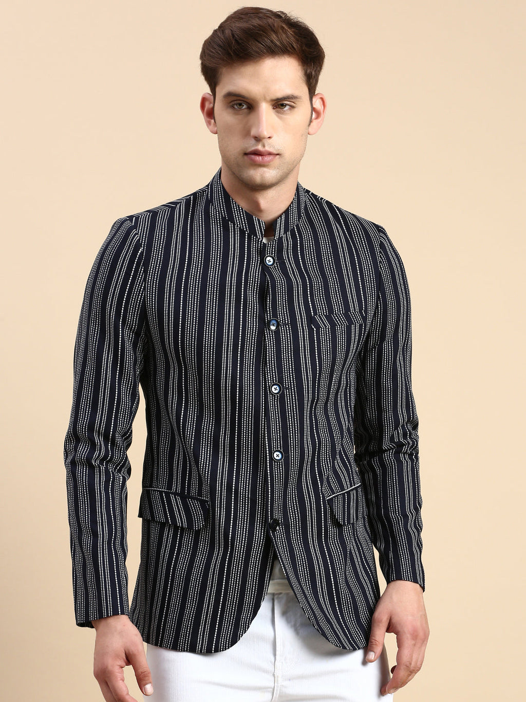 Men's Navy Blue Slim Fit Striped Mandarin Collar Bandhgala Blazer