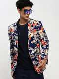 Men's Navy Blue Floral Printed Single Breasted Slim Fit Blazer