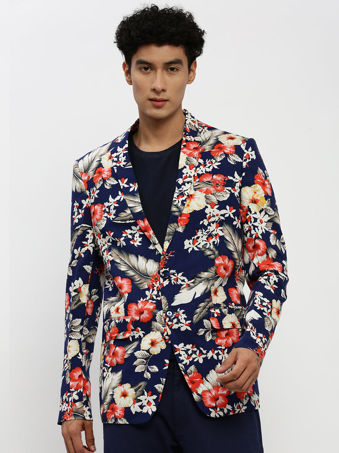 Men's Navy Blue Floral Printed Single Breasted Slim Fit Blazer